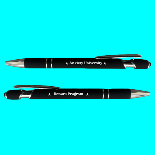 Two black pens with 'Anxiety University' and 'Honors Program' text on a turquoise background